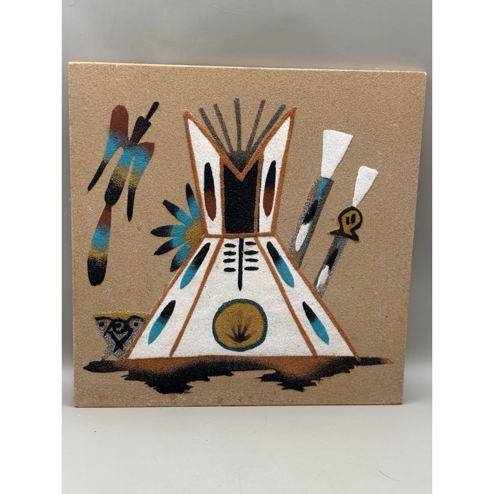 Navajo Sand Painting Signed 8" X 8" SMALL SPOTS SEE PICS